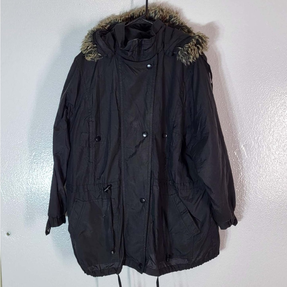 Women Within Parka Jacket Size L Removeable Faux Fur Hood Quilted Lined Full Zip